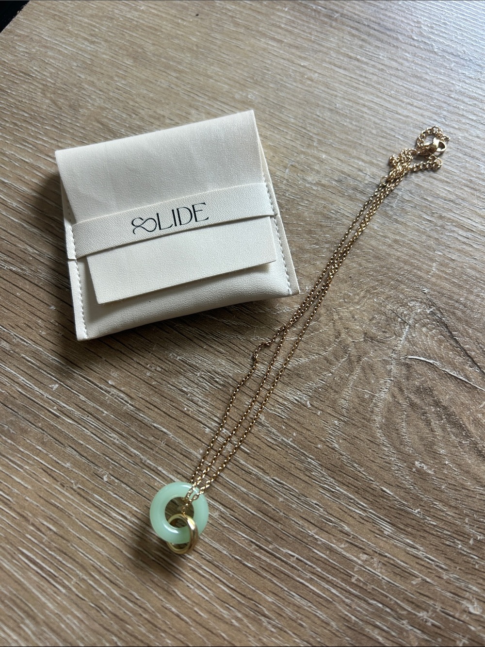Slide Gold Chain Necklace with Mint Green Loop Pendant